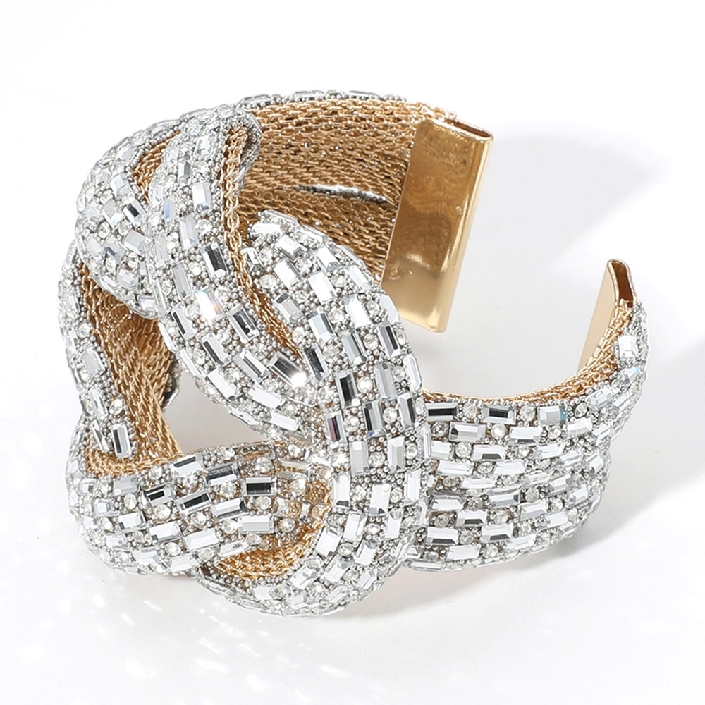 Gold Wide Crystal Emerald Cut Stone Knot Statement Bling Chunky Cuff Bracelet - Picture 2 of 4